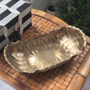 Solid Brass Oval Bowl Hammered with Folded Edges Decorative Vintage Patina